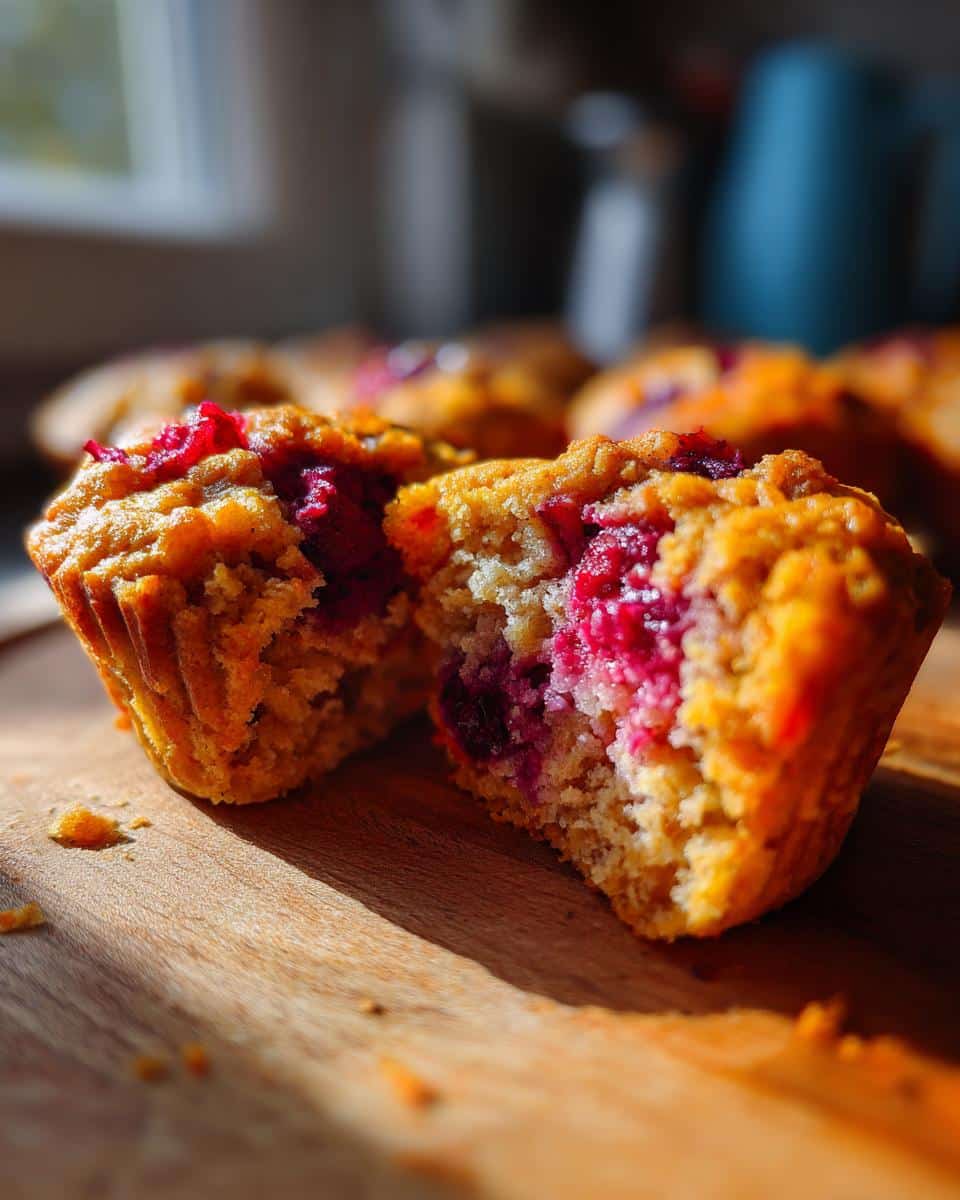 A raspberry protein muffin cut in half on a wooden board, showing the inside texture and berry filling.