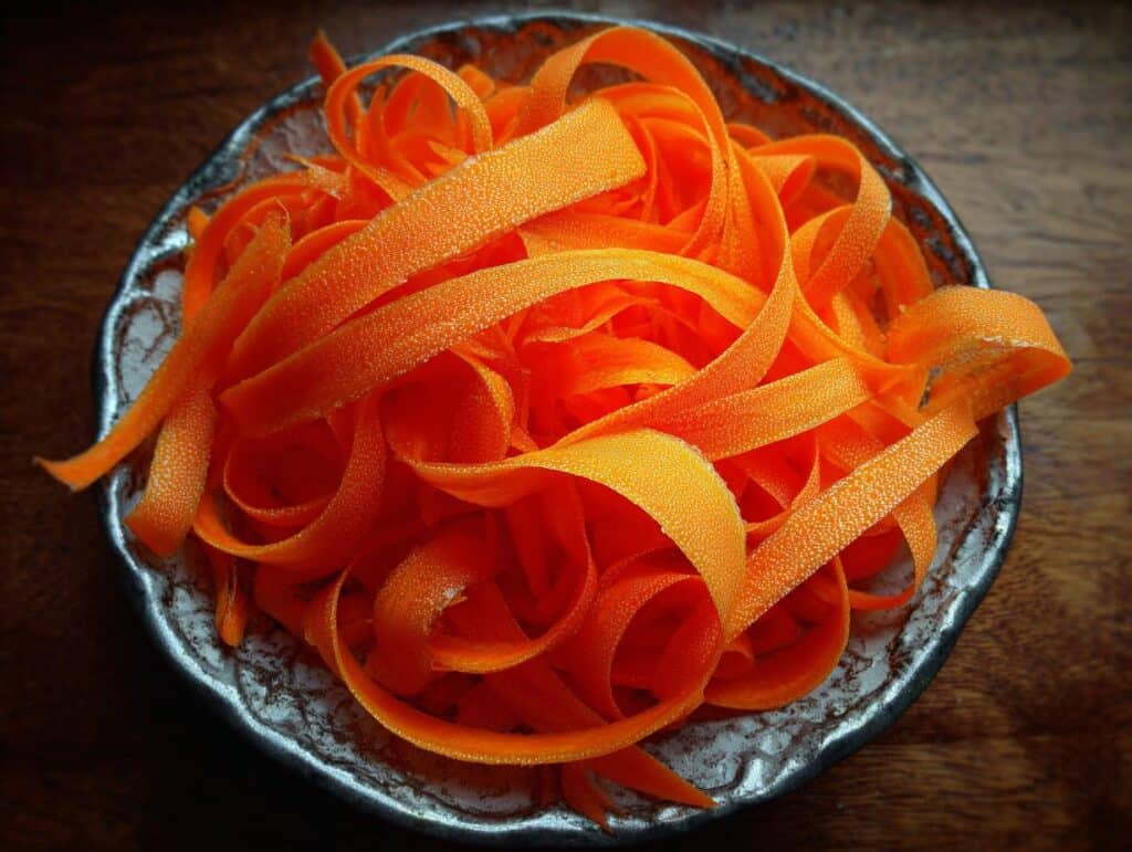 Overhead view of a bowl filled with vibrant orange raw carrot ribbon salad.