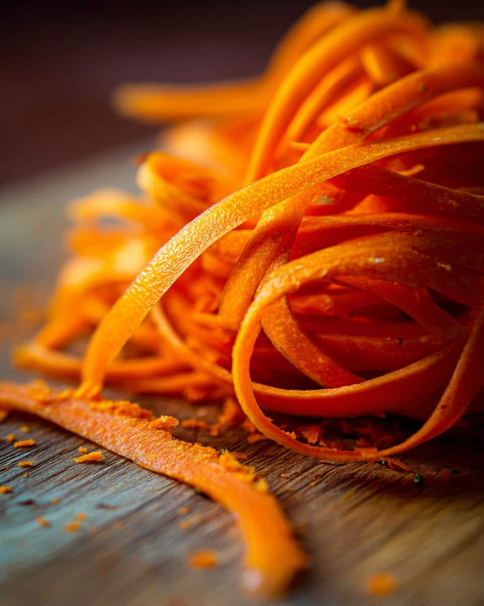Close-up of vibrant orange raw carrot ribbon salad on a wooden surface, showing the texture and shape of the carrot ribbons.