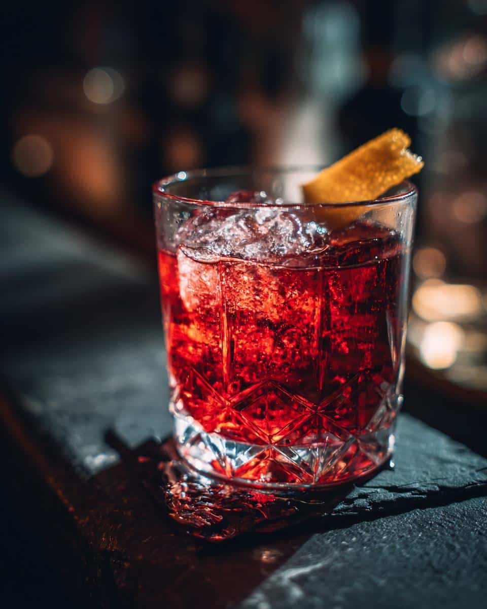 A vibrant red cocktail with ice and an orange peel garnish, perfect for a Tin Fish Date Night.