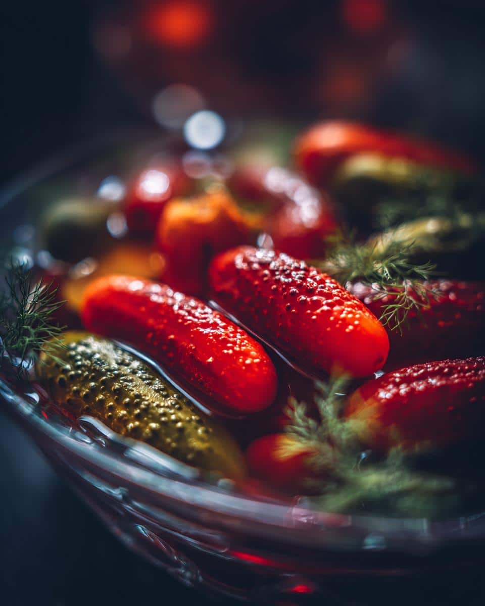 Close-up of red and green pickles in a glass bowl, ready for a Pickle Sandwich.