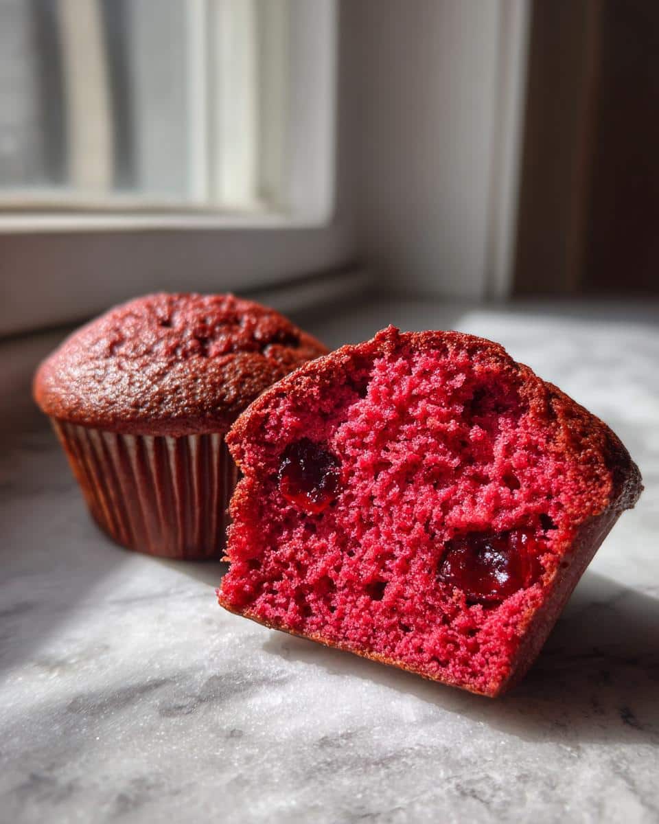 Close-up of a halved red protein muffin revealing cherry filling, with another muffin in the background.