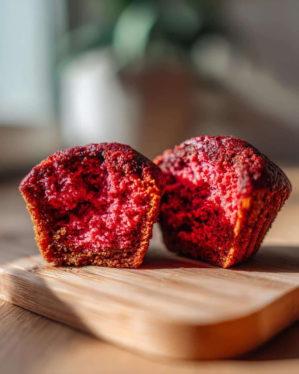 Close-up of a red protein muffin cut in half on a wooden board, showing the interior texture.