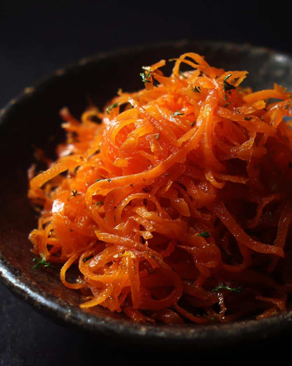 Close-up of Ribbon Carrot Salad in a dark bowl, showing the vibrant orange ribbons and herb garnish.