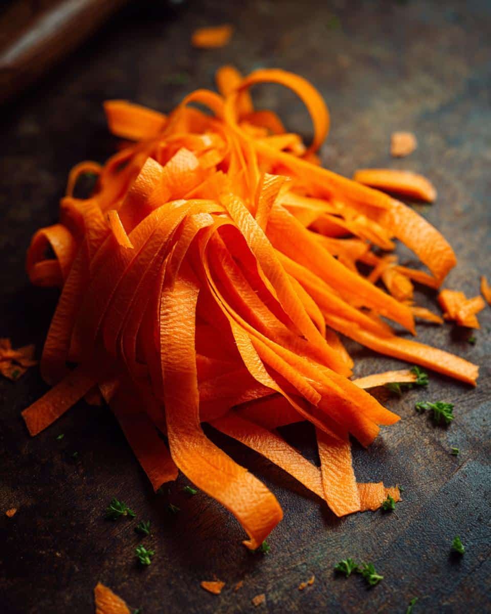 Close-up of vibrant orange carrot ribbons for Ribbon Carrot Salad, ready to be tossed with dressing.