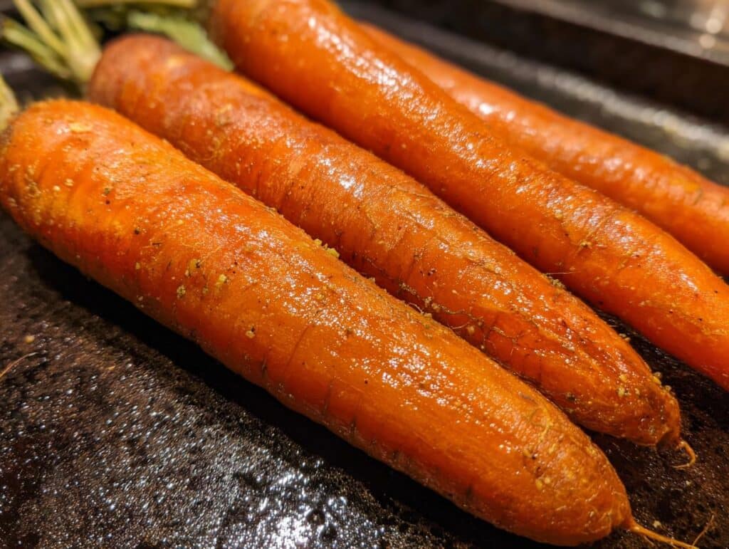 Close-up of fresh, whole carrots prepared for a Ribbon Carrot Salad recipe.