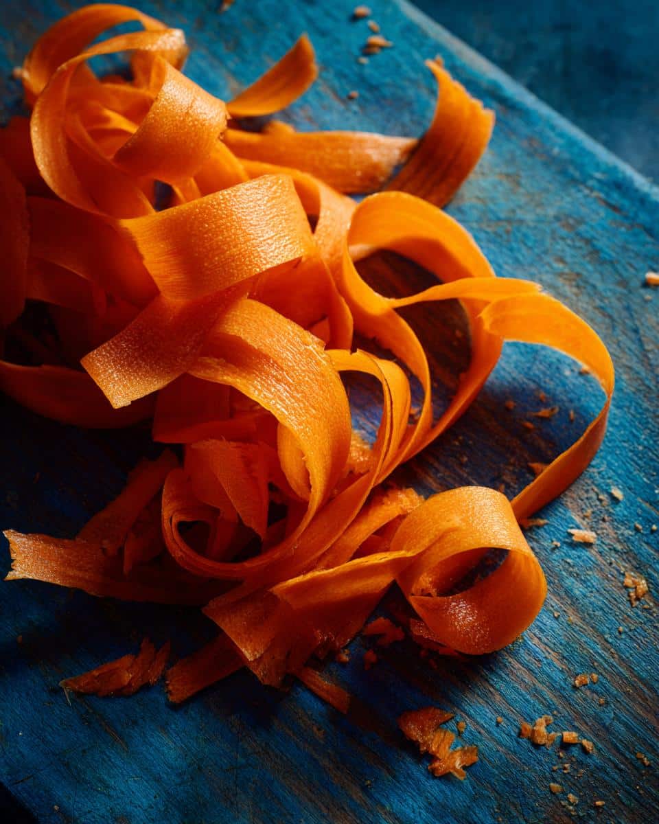 Close-up of vibrant orange carrot ribbons on a blue wooden board, ready for Ribbon Carrot Salad.