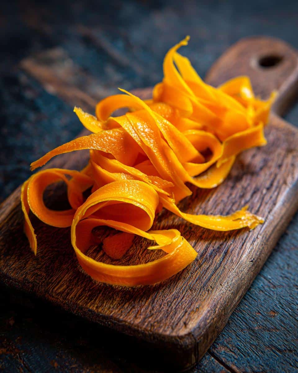 Close-up of vibrant ribbon carrot salad on a rustic wooden board, ready to be tossed.