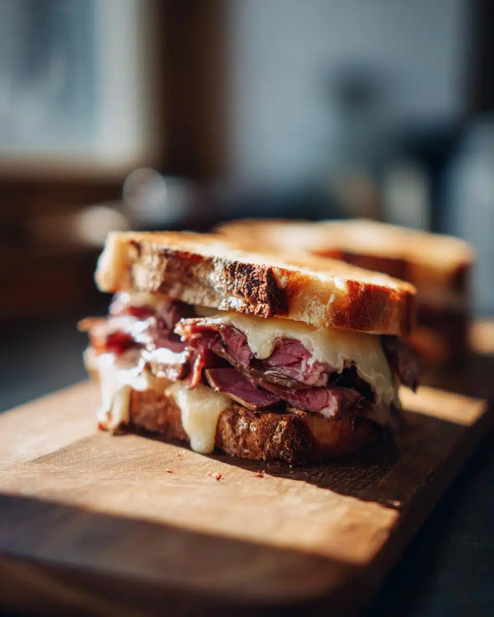 A delicious roast beef sandwich, perfect for leftover roast beef recipes, with melted cheese on toasted bread.