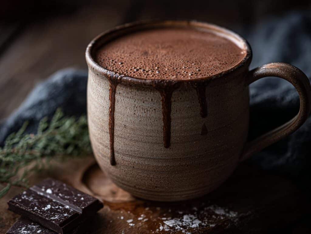A rustic mug filled with hot chocolate bar beverage, with chocolate drips, set on a wooden board with chocolate pieces.