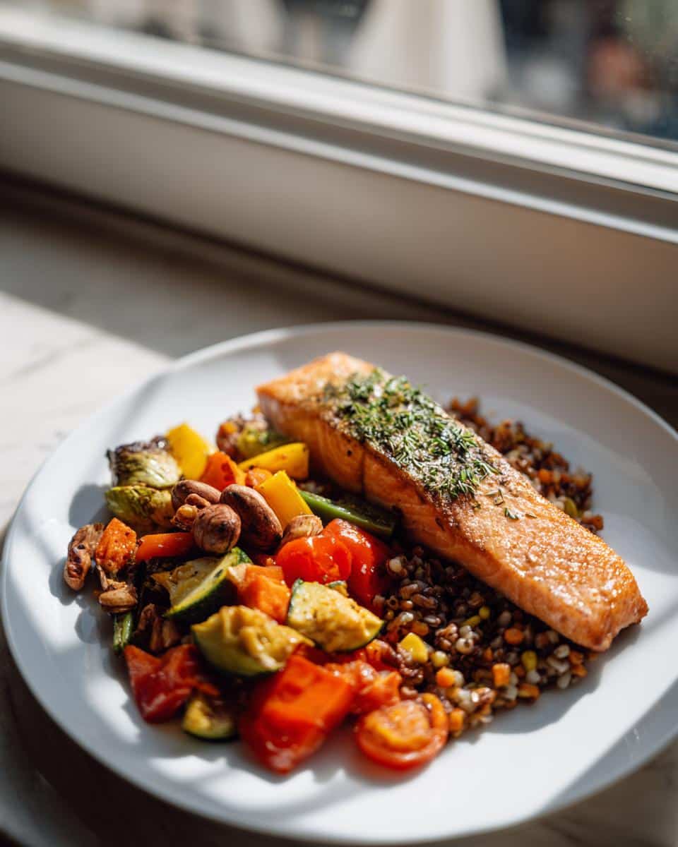 A plate of salmon with roasted vegetables and grains, perfect for Mediterranean diet recipes.