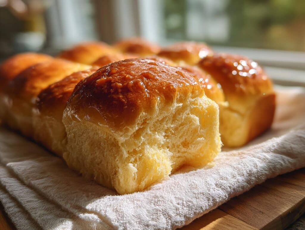 Close-up of freshly baked Salted Honey Butter Rolls with a golden, glazed top on a white cloth.
