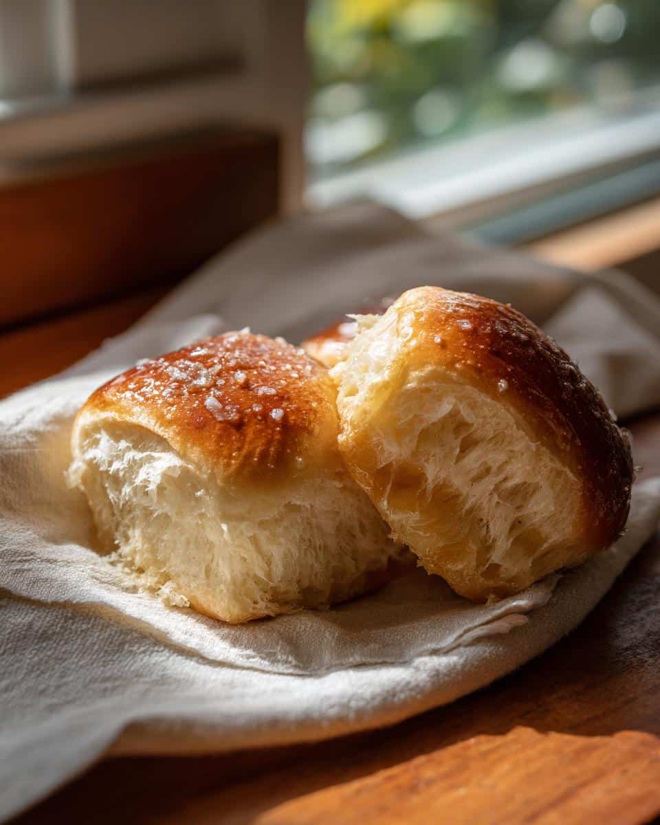 Close-up of two golden brown Salted Honey Butter Rolls on a white cloth, sprinkled with salt.