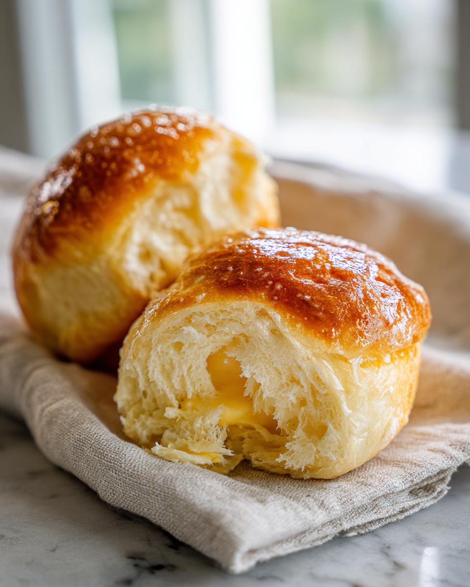 Two golden brown Salted Honey Butter Rolls, one torn open to show the buttery inside, resting on a linen cloth.