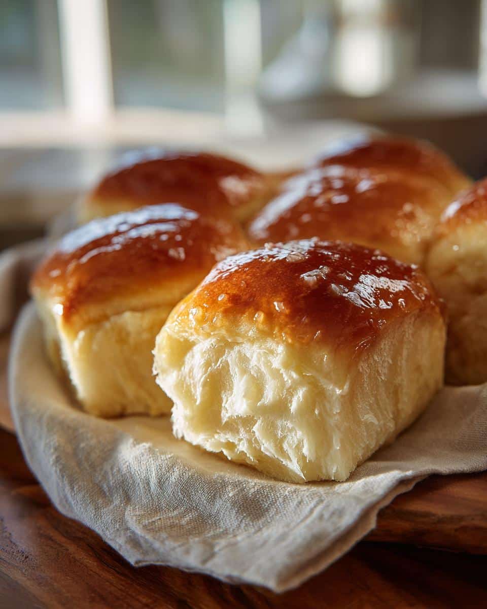 Close-up of freshly baked Salted Honey Butter Rolls on a cloth-lined wooden board, glistening with honey and salt.