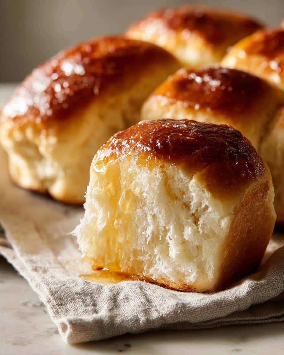 Close-up of a freshly baked Salted Honey Butter Rolls, one torn open to show the soft interior.