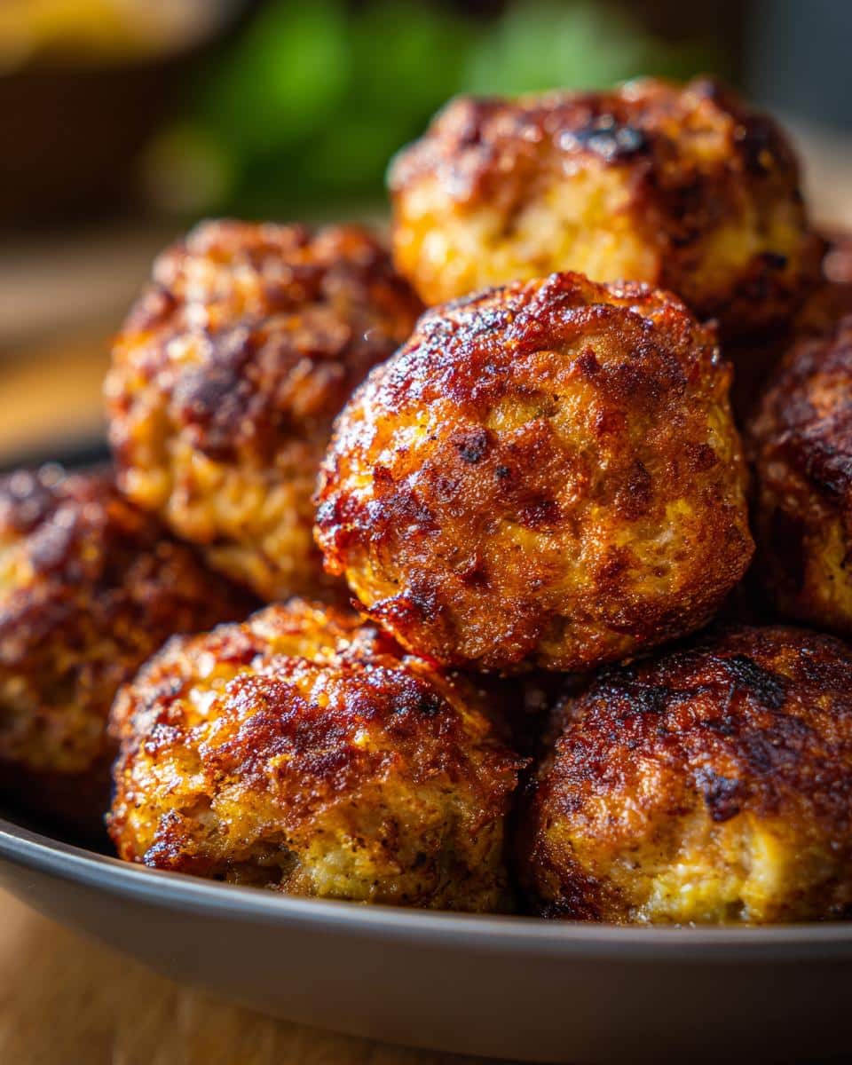 A close-up of a pile of golden brown sausage balls in a bowl, ready to eat.