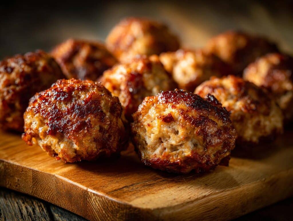 Close-up of golden brown sausage balls arranged on a wooden cutting board. Perfect for appetizers!