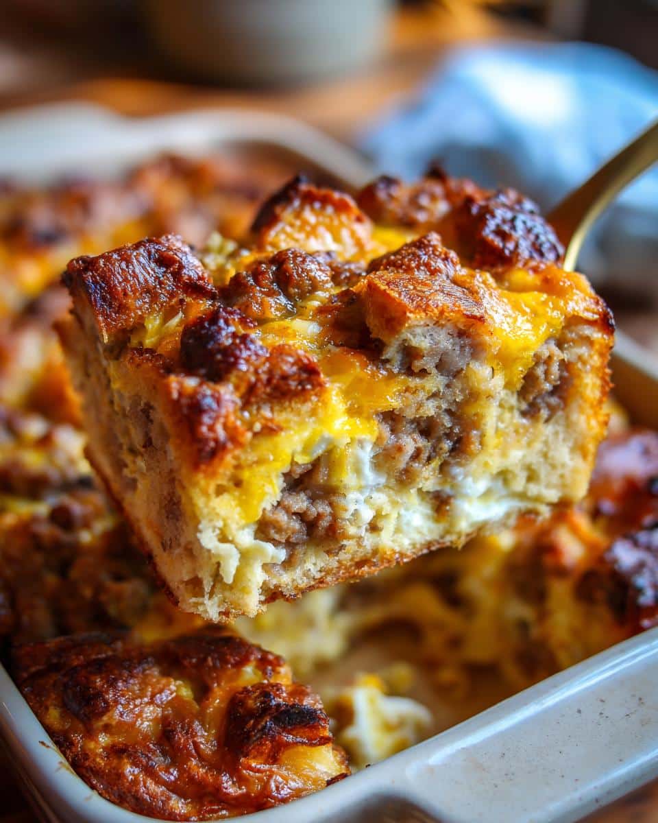 A slice of sausage breakfast casserole being lifted from a baking dish, showcasing the layers of bread, sausage, and cheese.