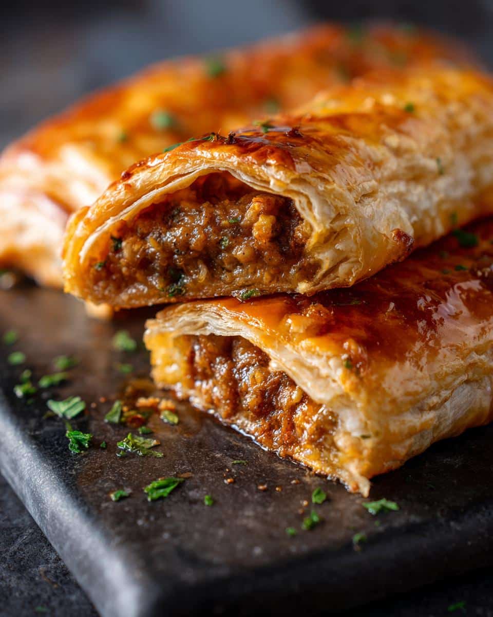 Close-up of a savory puff pastry roll, showcasing the flaky crust and flavorful filling. Recipes using puff pastry sheets.
