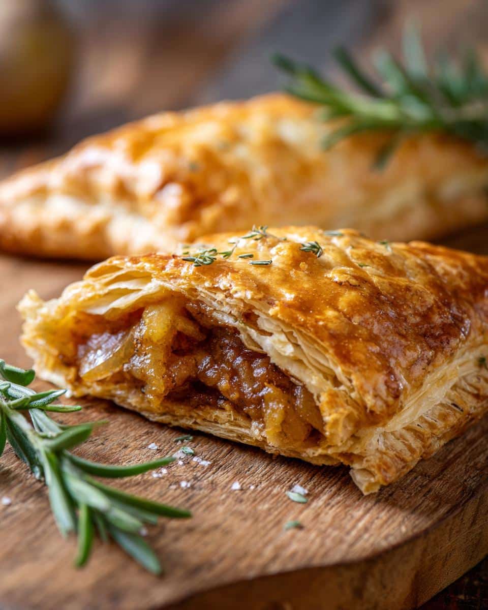 Close-up of a cut savory pastry made using puff pastry sheets, filled with a dark filling and garnished with rosemary.