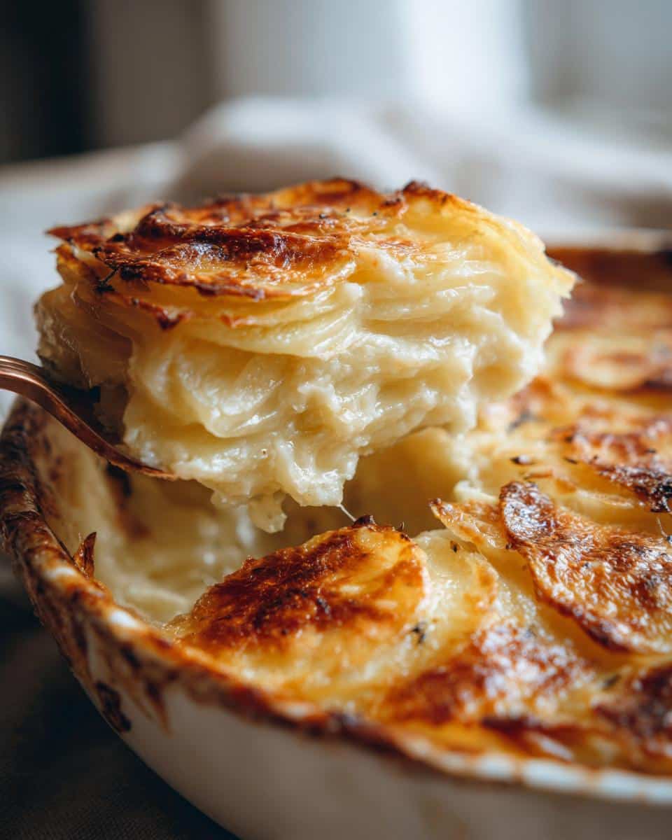 Close-up of a serving of scalloped potatoes being lifted from a baking dish, showcasing creamy layers and golden-brown top.