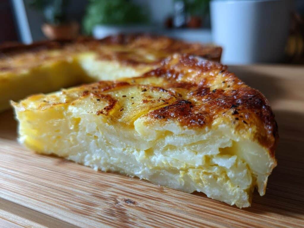 A delicious slice of homemade scalloped potatoes with a golden-brown crust on a wooden board.