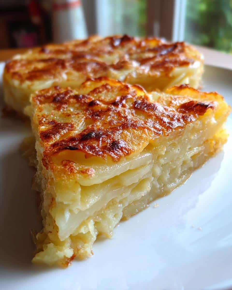 Close-up of a slice of scalloped potatoes with a golden brown crust, showcasing the creamy layers.