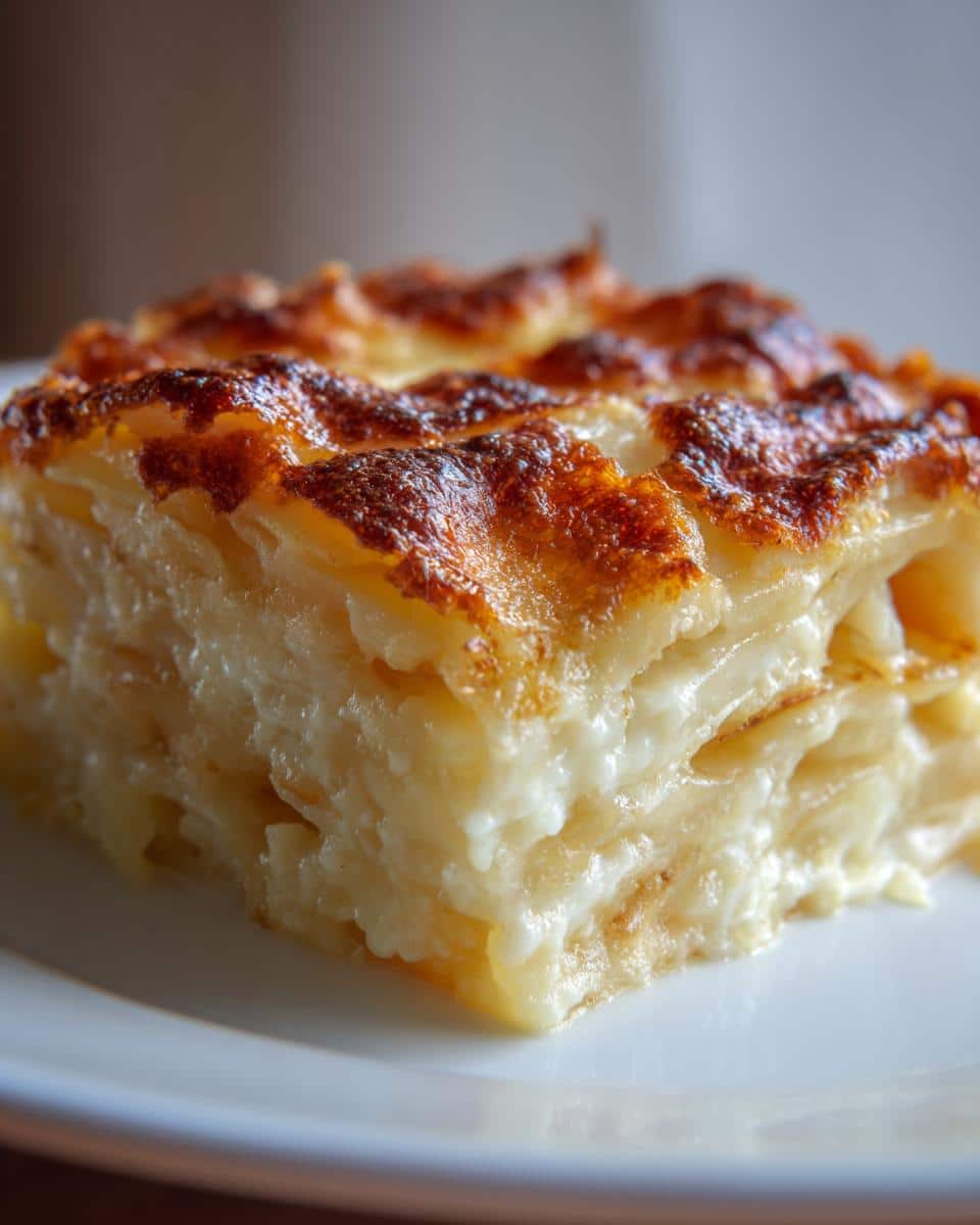 A close-up of a slice of creamy scalloped potatoes with a golden-brown top on a white plate.