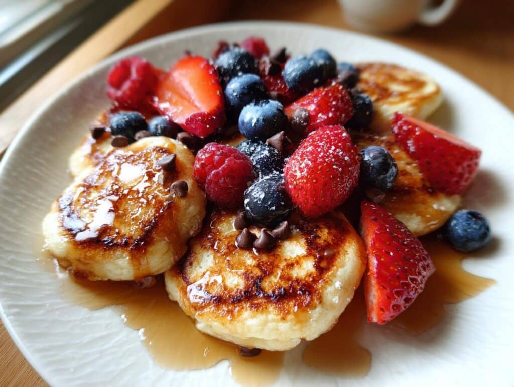 A plate of Scrambled Pancakes topped with fresh strawberries, blueberries, raspberries, chocolate chips, and maple syrup.