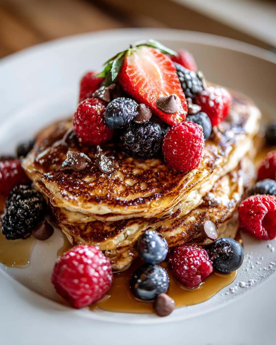 A stack of fluffy scrambled pancakes topped with fresh berries, chocolate chips, and a drizzle of syrup.
