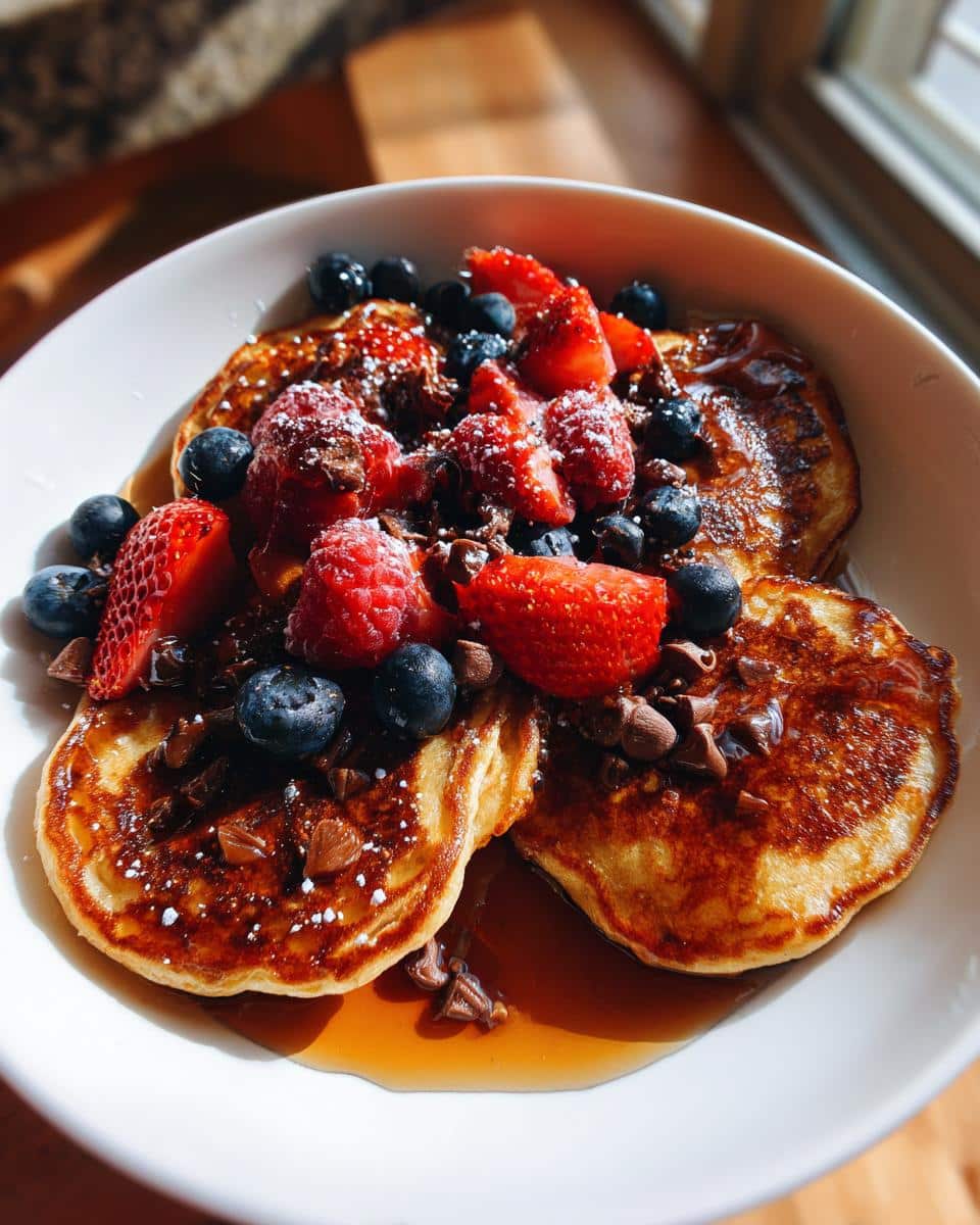 A bowl of golden scrambled pancakes topped with fresh strawberries, blueberries, raspberries, chocolate chips, and syrup.