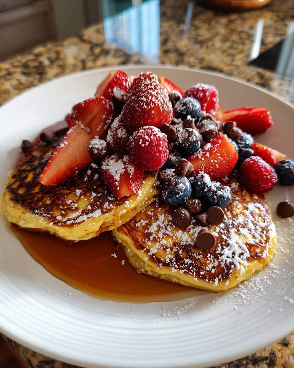 Two scrambled pancakes topped with fresh berries, chocolate chips, and powdered sugar. Drizzled with syrup.