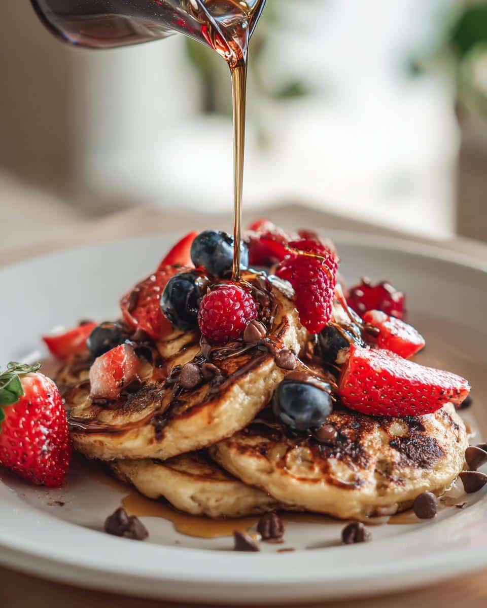 Close-up of stacked scrambled pancakes topped with fresh berries, chocolate chips, and syrup being poured.