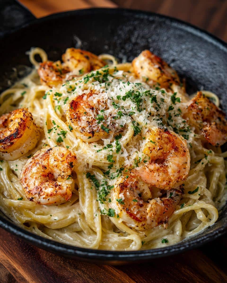 Bowl of shrimp alfredo pasta, topped with parmesan cheese and parsley. Delicious and creamy shrimp alfredo pasta.