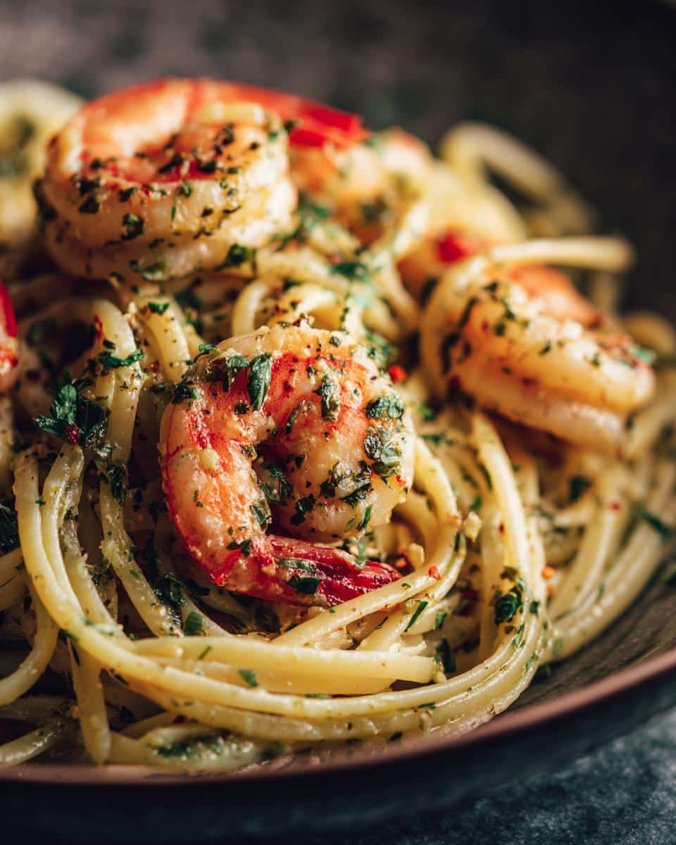 A close-up of Shrimp Alfredo Pasta, featuring perfectly cooked shrimp and creamy pasta with herbs.