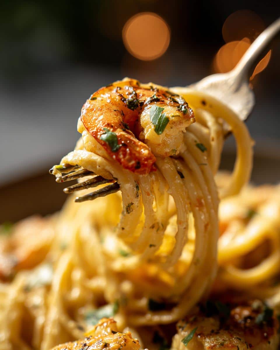 Close-up of shrimp alfredo pasta twirled on a fork, showcasing the creamy sauce and seasoned shrimp.