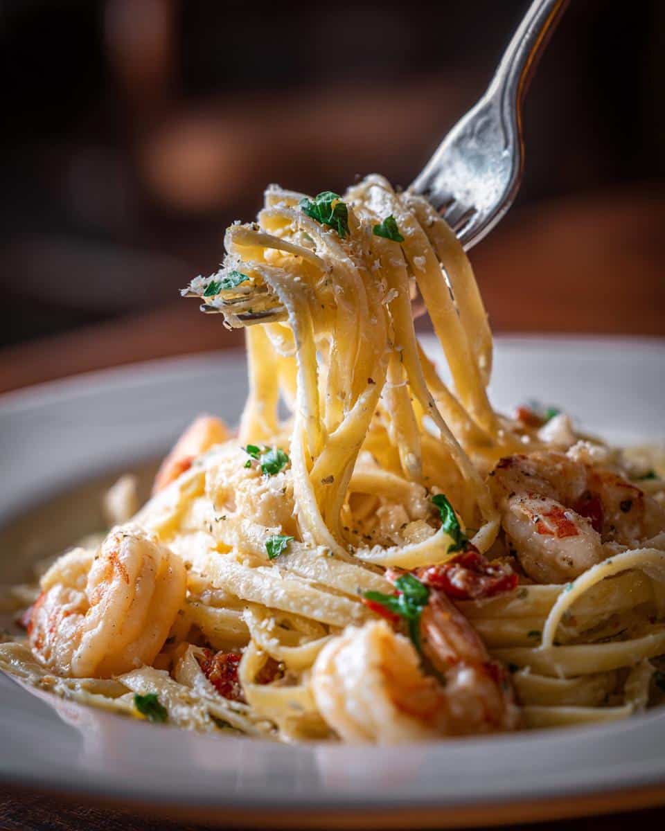 Close-up of creamy shrimp alfredo pasta twirled on a fork, featuring succulent shrimp and fresh herbs.