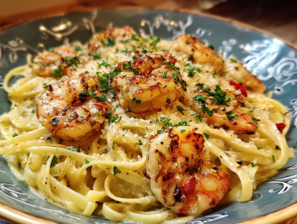 A plate of creamy shrimp alfredo pasta, topped with grilled shrimp, parmesan cheese, and fresh parsley.