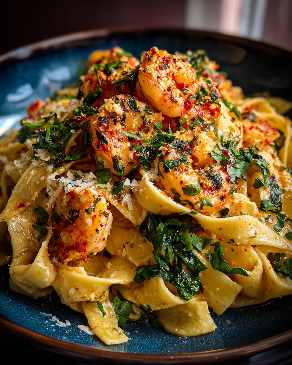 Close-up of a plate of shrimp pasta recipes, featuring large shrimp, wide noodles, herbs, and parmesan cheese.
