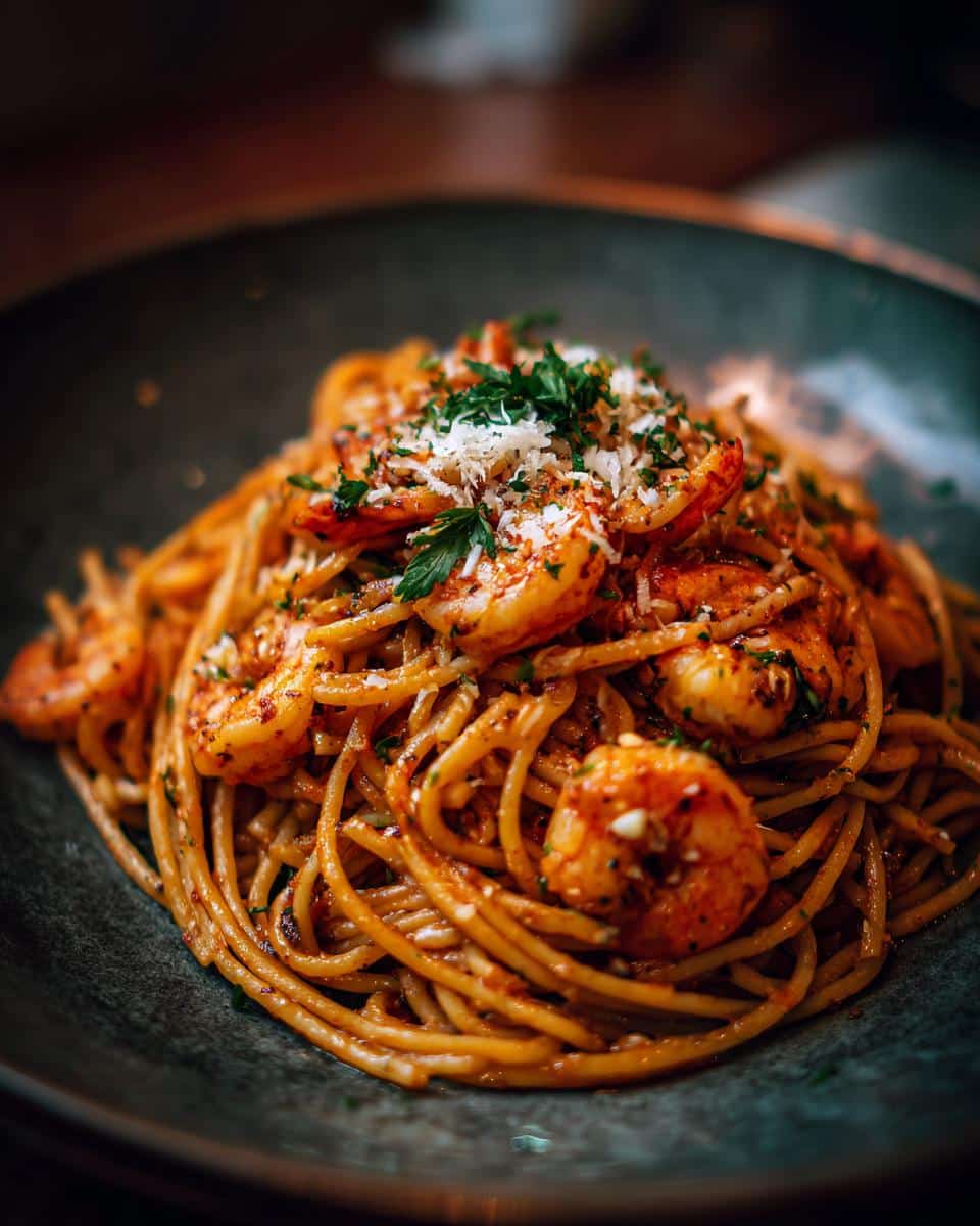A plate of delicious shrimp pasta recipes, topped with parmesan cheese and parsley.