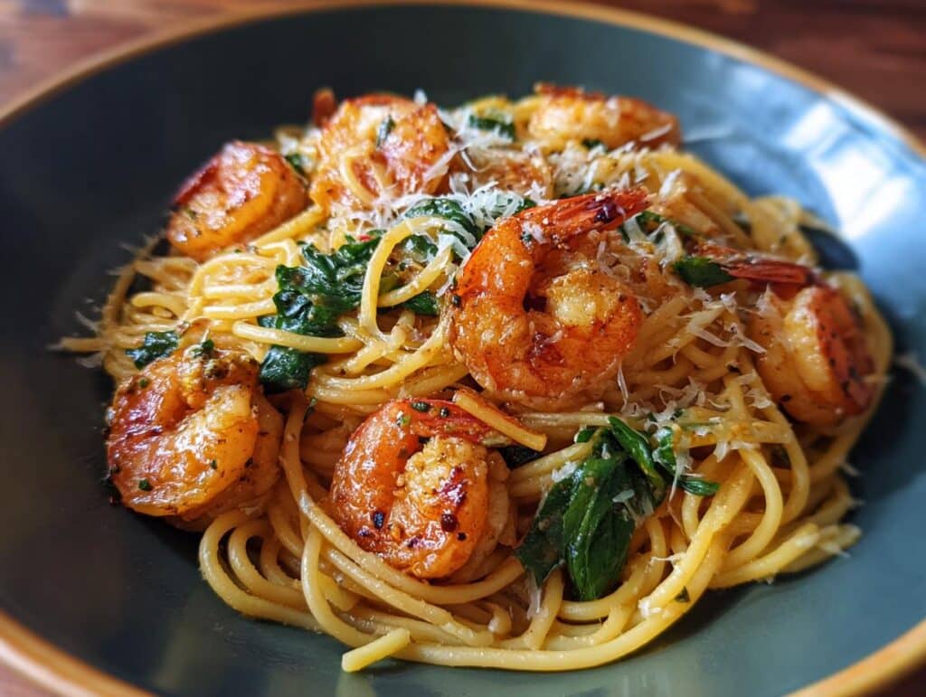 A bowl of shrimp pasta recipes featuring spaghetti, sautéed shrimp, spinach, and parmesan cheese.