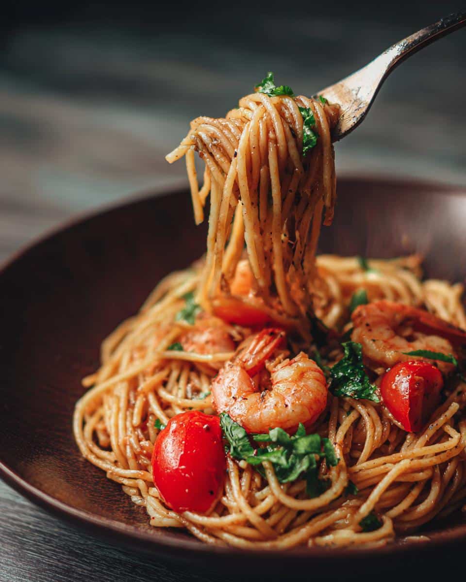 A fork lifts a portion of shrimp pasta recipes with tomatoes and basil from a bowl.