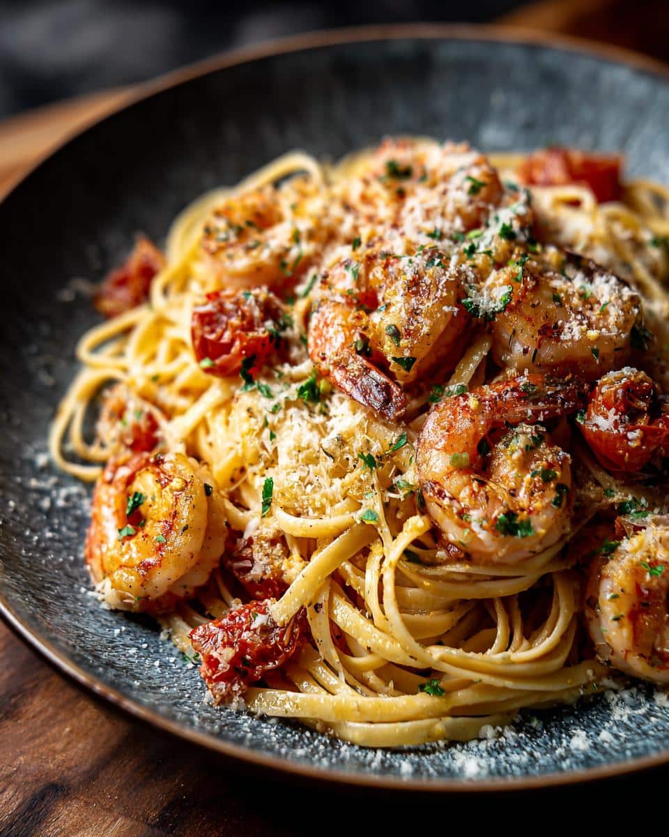 A plate of shrimp pasta recipes featuring linguine, grilled shrimp, sun-dried tomatoes, and parmesan cheese.