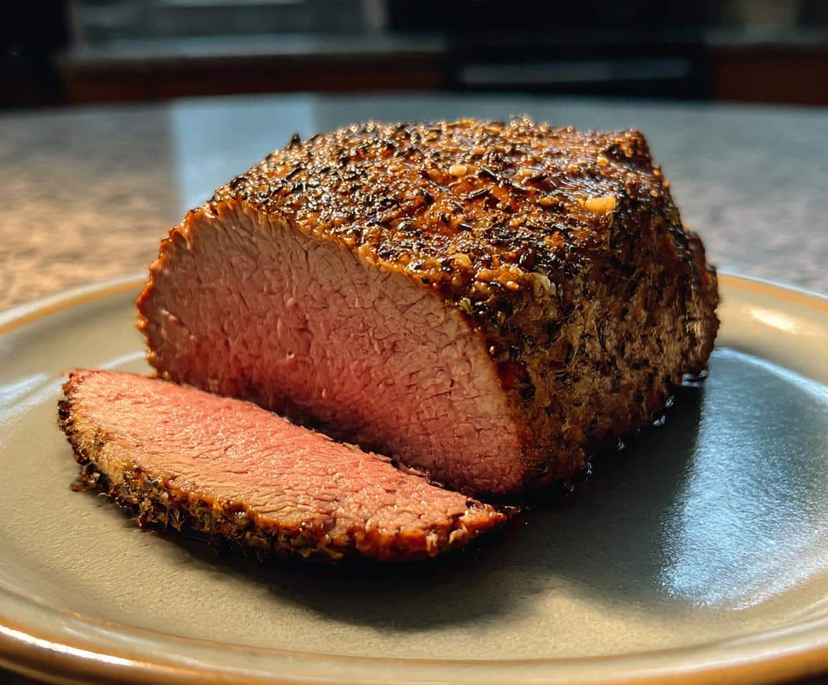 A perfectly cooked sirloin tip roast oven dish, sliced and ready to serve on a plate.