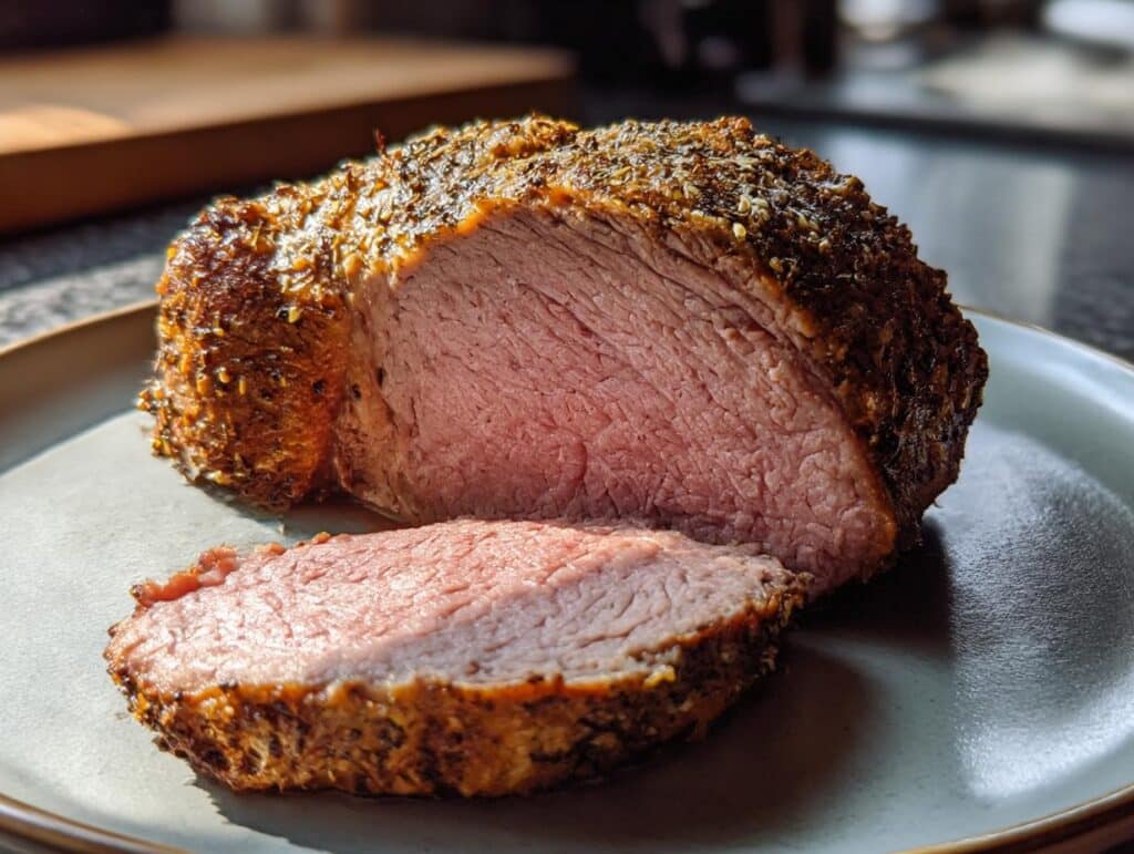 Perfectly cooked sirloin tip roast oven recipe, sliced and ready to serve on a plate.
