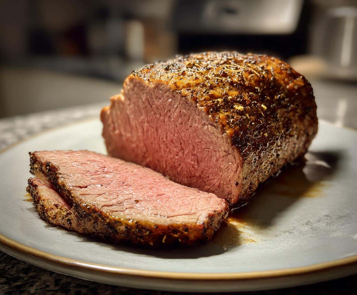 Juicy sirloin tip roast oven cooked, sliced on a plate with a seasoned crust.