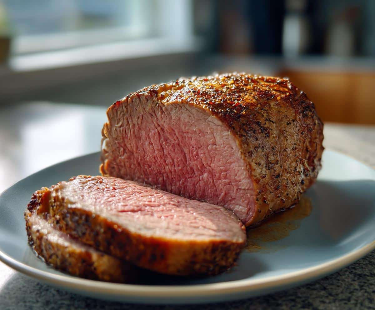 Sliced sirloin tip roast oven cooked on a blue plate, showing the tender, pink inside and browned crust.