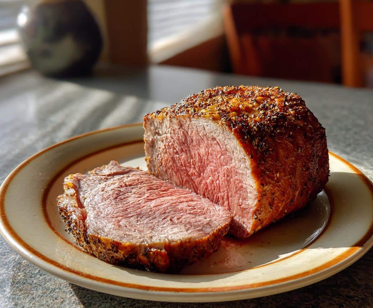 Juicy sirloin tip roast oven cooked, sliced and ready to serve on a plate.