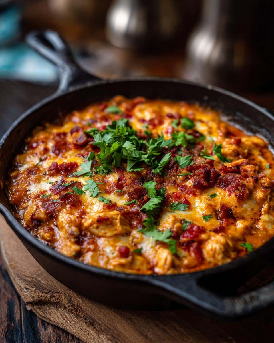Skillet of white chicken chili topped with bacon, cheese, and parsley, ready to serve.